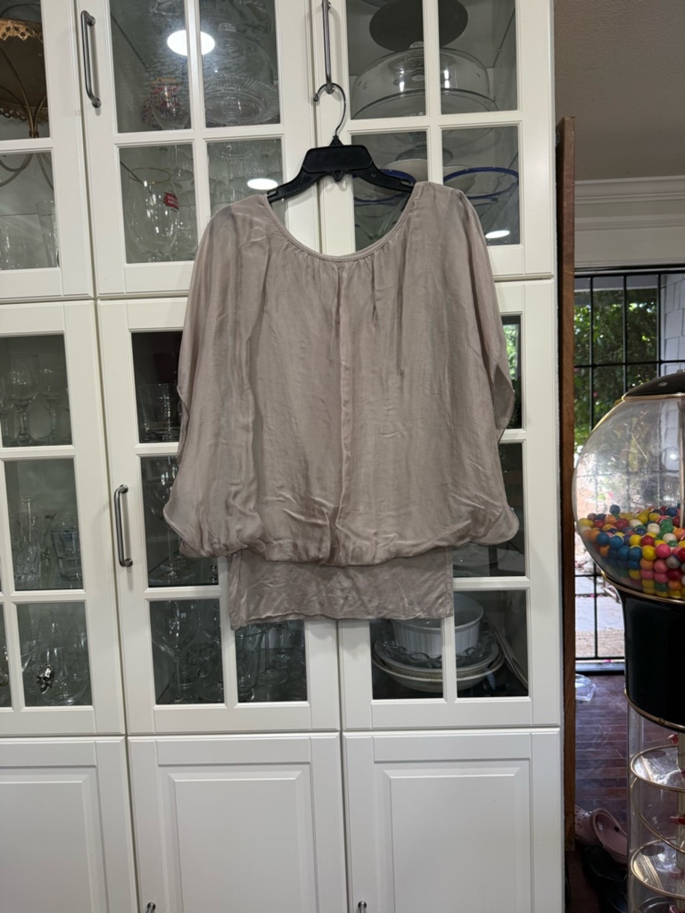 Giusy - Made in Italy Relaxed Silk Taupe Blouson-Sleeve Women's Top
